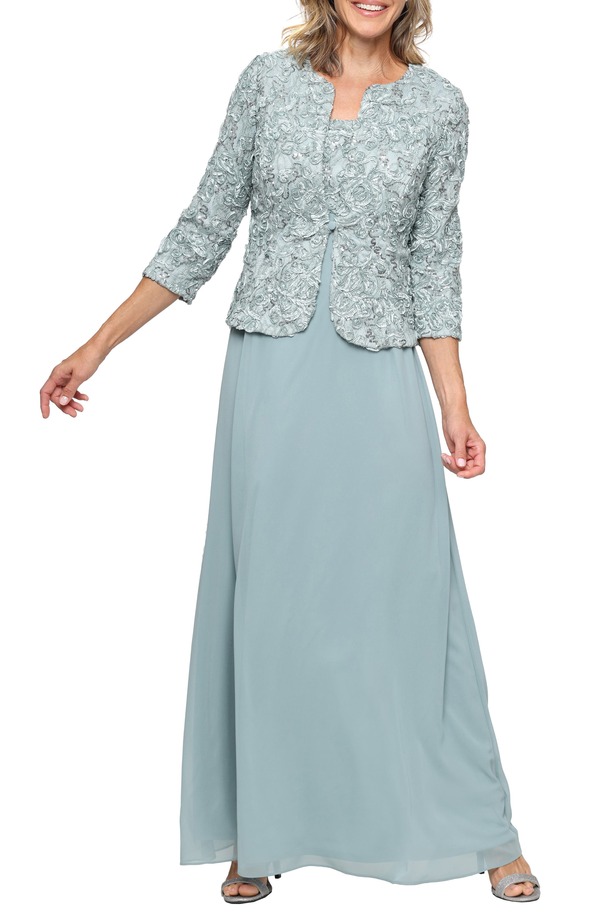アレックスイブニングス レディース トップス ワンピース エンパイア ジャケット Alex Evenings Embellished Empire Waist Gown with Soutache Jacket Ice Sage セージ|ReVida 店