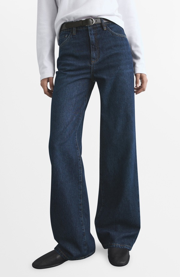 マンゴ レディース ボトムス デニムパンツ ワイドレッグ ハイウエスト ジーンズ MANGO Danila High Waist Wide Leg Jeans Dark Blue ブルー|ReVida 店