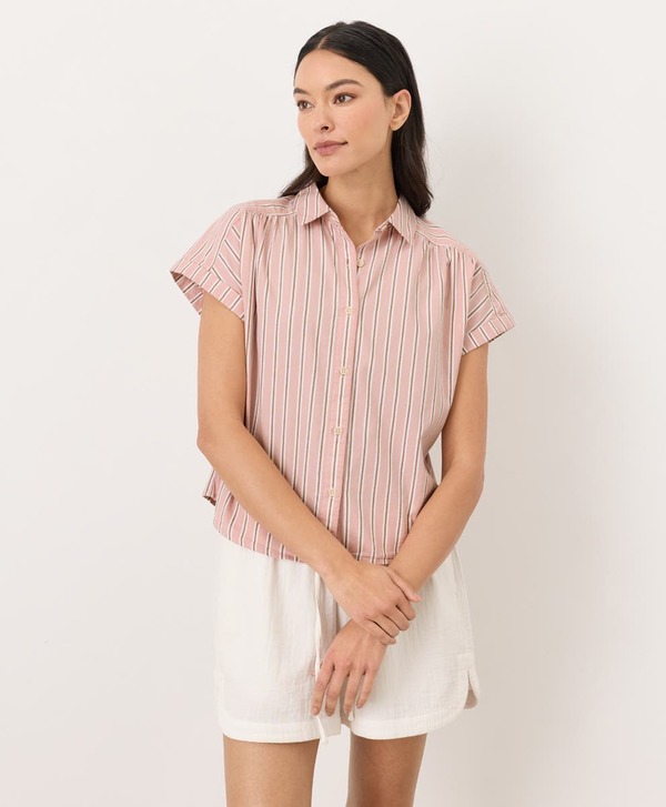 パクト レディース トップス シャツ コットン Pact Organicotton All Day Poplin Shirred Shirt Berkley Stripe Blush ブラッシュ