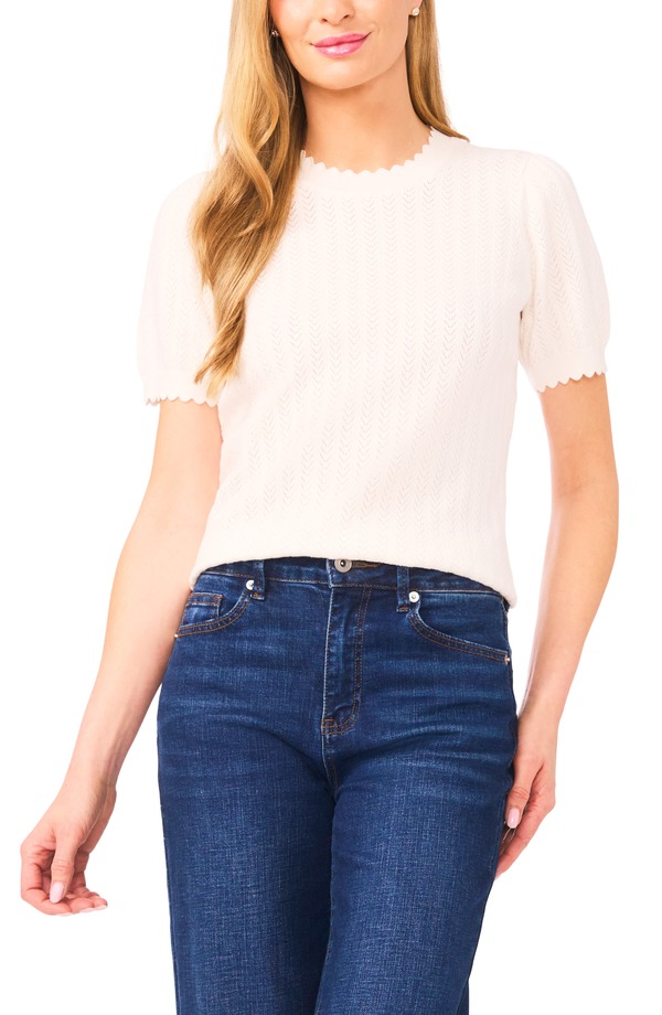 セセ レディース アウター パーカー・スウェット セーター CeCe Short Sleeve Pointelle Stitch Sweater Antique White ホワイト｜ReVida 店