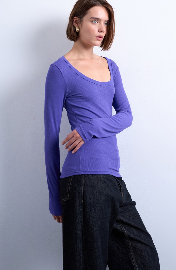トップショップ レディース トップス シャツ Topshop Scoop Neck Long Sleeve Rib Topurple パープル