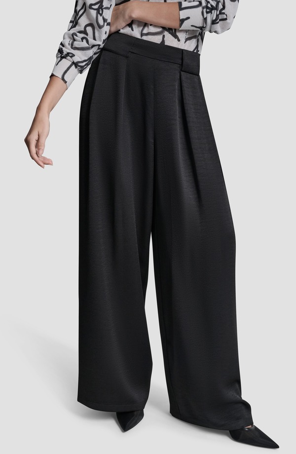 ダナ キャラン ニューヨーク レディース ボトムス レギンス ワイドレッグ パンツ サテン DKNY Pleat Wide Leg Satin Pants Black ブラック