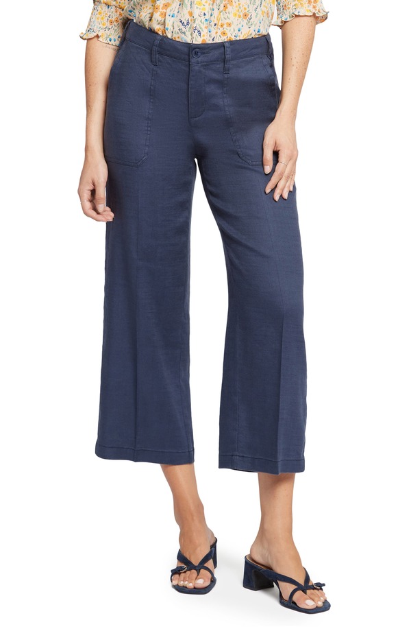 エヌワイディージェイ レディース ボトムス レギンス ワイドレッグ パンツ リネン NYDJ Linen Blend Crop Wide Leg Pants Oxford Navy ネイビー