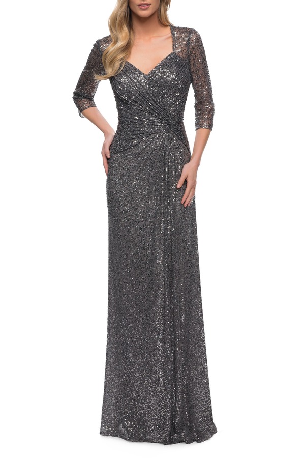 ラフェム レディース トップス ワンピースパンコール La Femme Sequin Eveningown with Knot Detail on Front Gunmetal ガンメタル｜ReVida 店