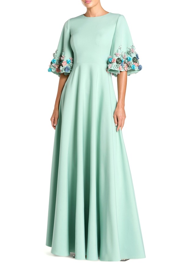 マックダガル レディース トップス ワンピース サテン Mac Duggal Stretch Satin Elbow Sleeve Gown With Flower Trim Sage セージ