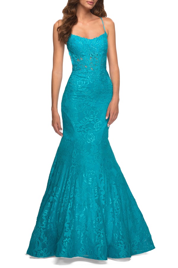 ラフェム レディース トップス ワンピース オープンバック シアー レース La Femme Bright Mermaid Lace Gown with Sheer Bodice and Open Back Aqua アクア