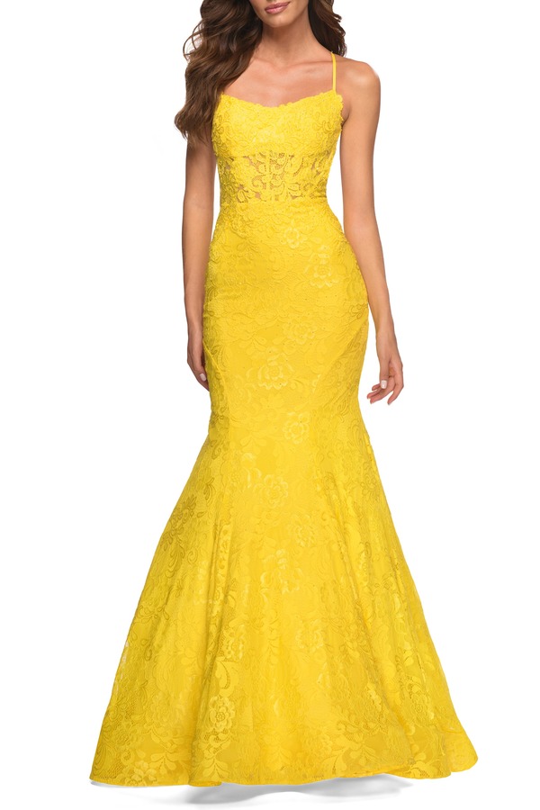 ラフェム レディース トップス ワンピース オープンバック シアー レース La Femme Bright Mermaid Lace Gown with Sheer Bodice and Open Back Yellow イエロー