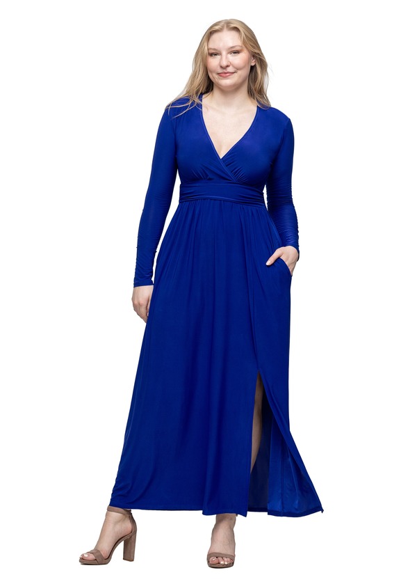 24 セブンコンフォート レディース トップス ワンピース サイドスリット Vネック マキシ 24seven Comfort Apparel Womens Long Sleeve V-neck Side Slit Maxi Dress Royal｜詳細画像