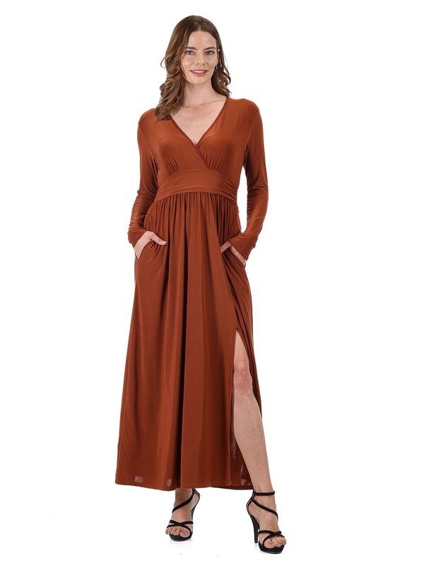24 セブンコンフォート レディース トップス ワンピース サイドスリット Vネック マキシ 24seven Comfort Apparel Womens Long Sleeve V-neck Side Slit Maxi Dress Tobacco