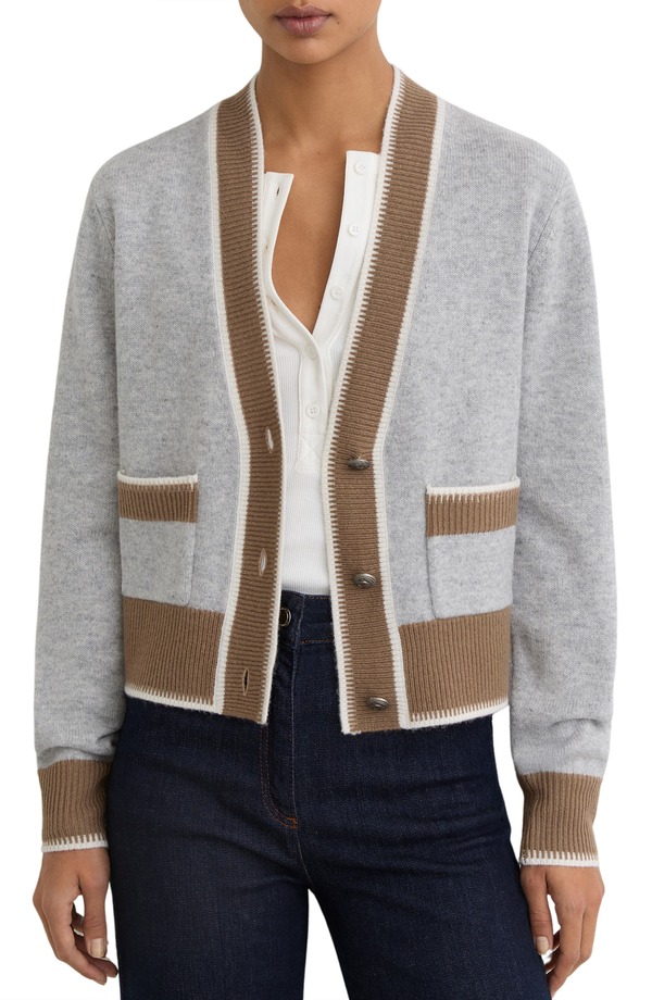 レイス レディース アウター パーカー・スウェット 羊毛 ジレー Reiss Louisa Tipped Wool \u0026 Cashmere Cardigan Grey/ Neutral 薄墨色