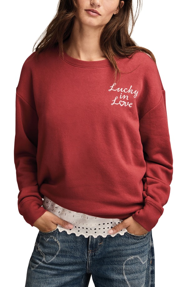 ラッキーブランド レディース トップス シャツ クルーネック スウェット Lucky Brand Valentine Heart Crewneck Sweatshirt Redahlia レッド｜ReVida 店