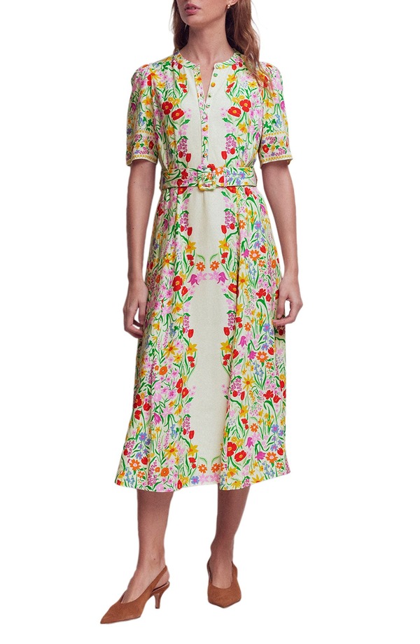 ボーデン レディース トップス ワンピース フラワー柄 シャツ フラワー Boden Kate Floral Puff Sleeve Belted Shirtdress Ivory Garden Placement アイボリー