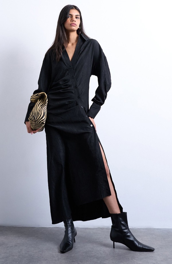 トップショップ レディース トップス ワンピース シャツ Topshop Long Sleeve Textured Shirtdress Black ブラック