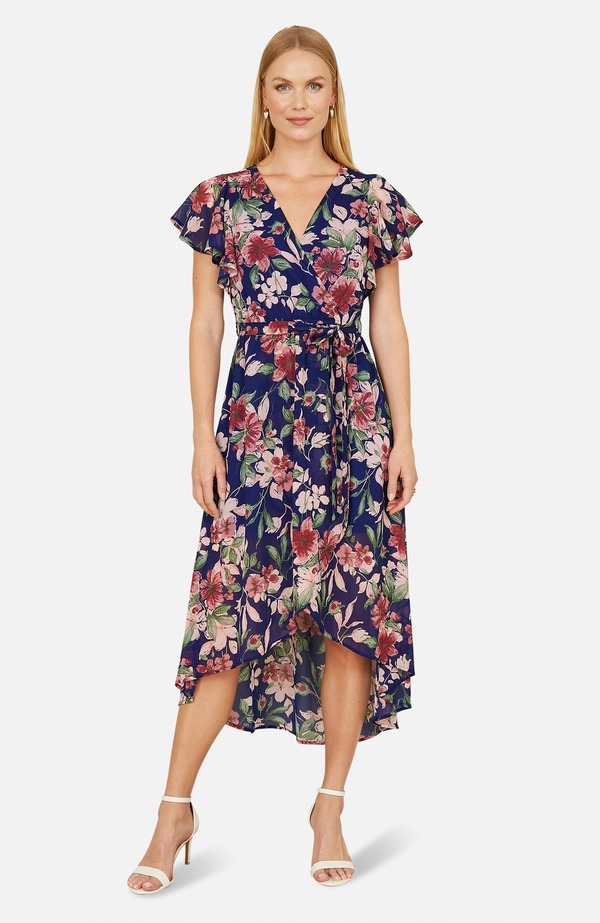ユミキム レディース トップス 衣装 御花柄 midi 御花 Yumi Floral Wrap Midi Dress With Frill Hem Blue 青み