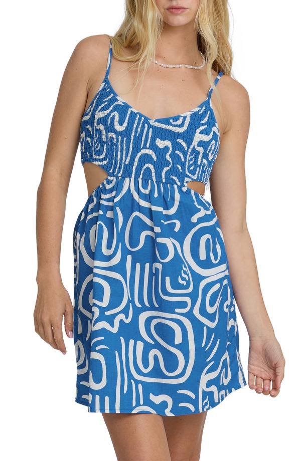 ビラボン レディース トップス ワンピース カットアウト フラワー柄 ミニ フラワー Billabong True Desire Floral Cutout Minidress True Blue ブルー｜ReVida 店