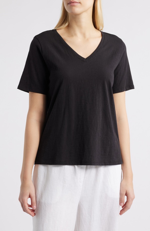 エイリーンフィッシャー レディース トップス プルオーバー Vのど首 綿織物 Eileen Fisher Easy Organicotton V-Neck T-Shirt Black 黒いこと