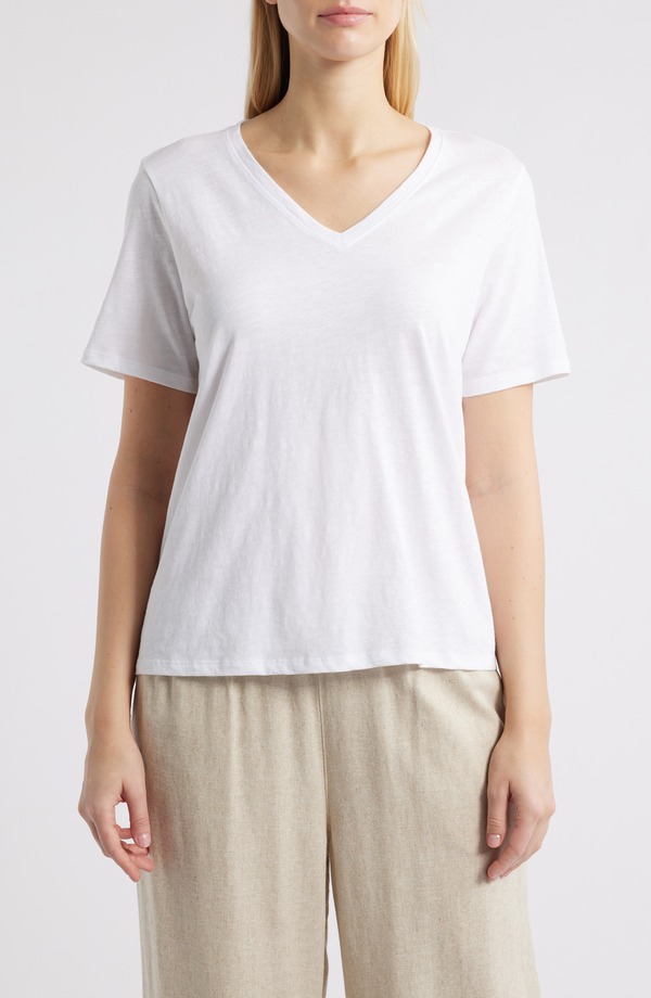 エイリーンフィッシャー レディース トップス プルオーバー Vのど首 綿織物 Eileen Fisher Easy Organicotton V-Neck T-Shirt White 白いこと
