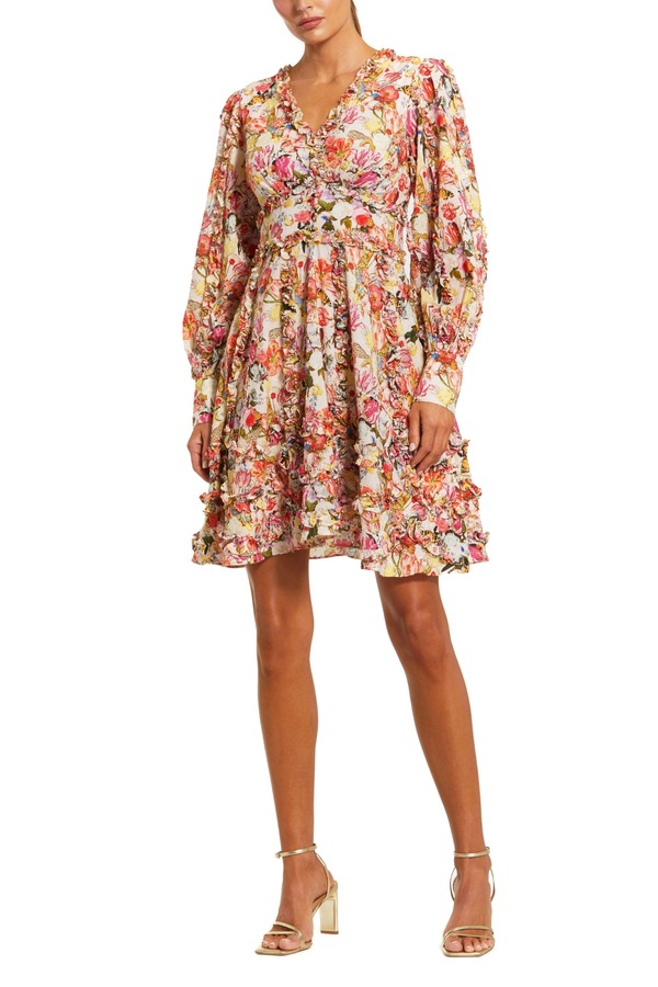 マックダガル レディース トップス ワンピース Vネック フラワー柄 フリル ミニ コットン フラワー Mac Duggal Ruffle Floral V Neck Cotton Mini Dress Pink Multi ピンク｜ReVida 店 59,290円