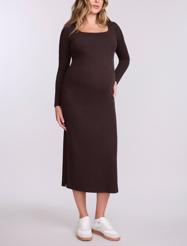 マザーフッドマタニティー レディース トップス ワンピース リブニット マキシ MOTHERHOOD MATERNITY Square Neck Rib Knit Long Sleeve Bodycon Maxi Dress Chocolate Tort チョコレート｜ReVida 店