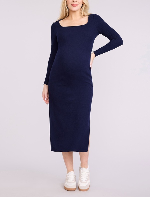 マザーフッドマタニティー レディース トップス ワンピース リブニット マキシ MOTHERHOOD MATERNITY Square Neck Rib Knit Long Sleeve Bodycon Maxi Dress Peacoat|ReVida 店