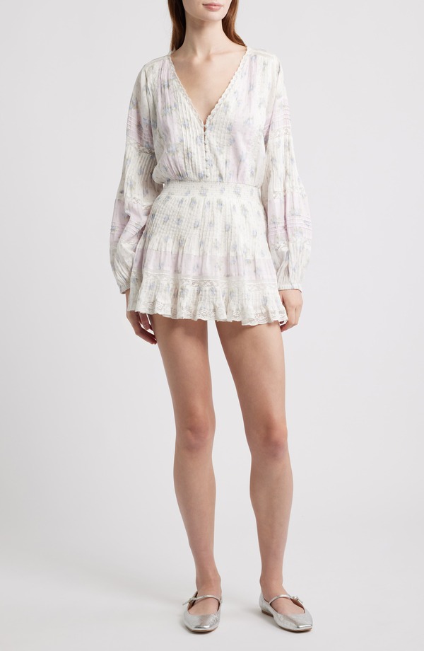 ラブスハックファンシー レディース トップス ワンピース ミニ シャーリング レース LoveShackFancy Winfrey Smocked Lace Long Sleeve Minidress Lilac Vanilla ライラック