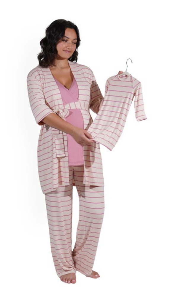 エヴァリーグレー レディース アンダーウェア ナイトウェア マタニティ Everly Grey Analise During & After 5-Piece Maternity/Nursing Sleep Set for Mom & Baby Pink Stripe ピンク
