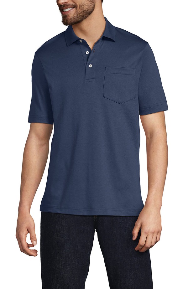 ランズエンド メンズ トップス ポロシャツ コットン Lands' End Short Sleeve Cotton Supima Polo Shirt with Pocket Nightfall Blue ブルー｜ReVida 店