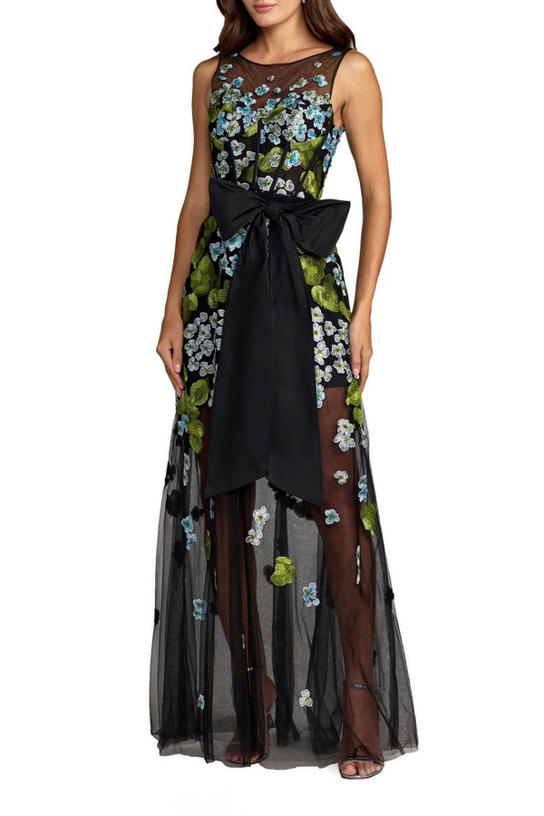 マックダガル レディース トップス ワンピース メッシュ ノースリーブ Mac Duggal Sleeveless Mesh Applique Gown With Bow Belt Blue Multi ブルー