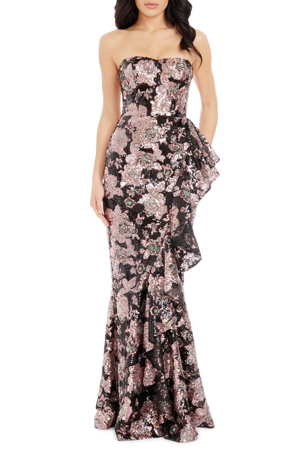 ドレスザポプレーション レディース トップス ワンピース フリル スパンコール ストラップレス Dress the Population Parisequin Ruffle Strapless Gown Dusty Rose Multi マルチカラー