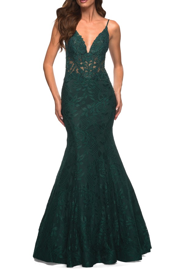 ラフェム レディース トップス ワンピース シアー レース La Femmermaid Lace Prom Dress with Sheer Jeweled Bodice Dark Emerald エメラルド