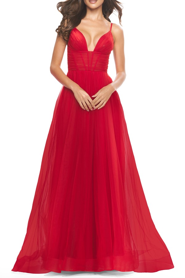 ラフェム レディース トップス ワンピース チュール A ライン La Femme A-Line Tulle Gown with Illusion Bodice and Boning Red レッド｜ReVida 店
