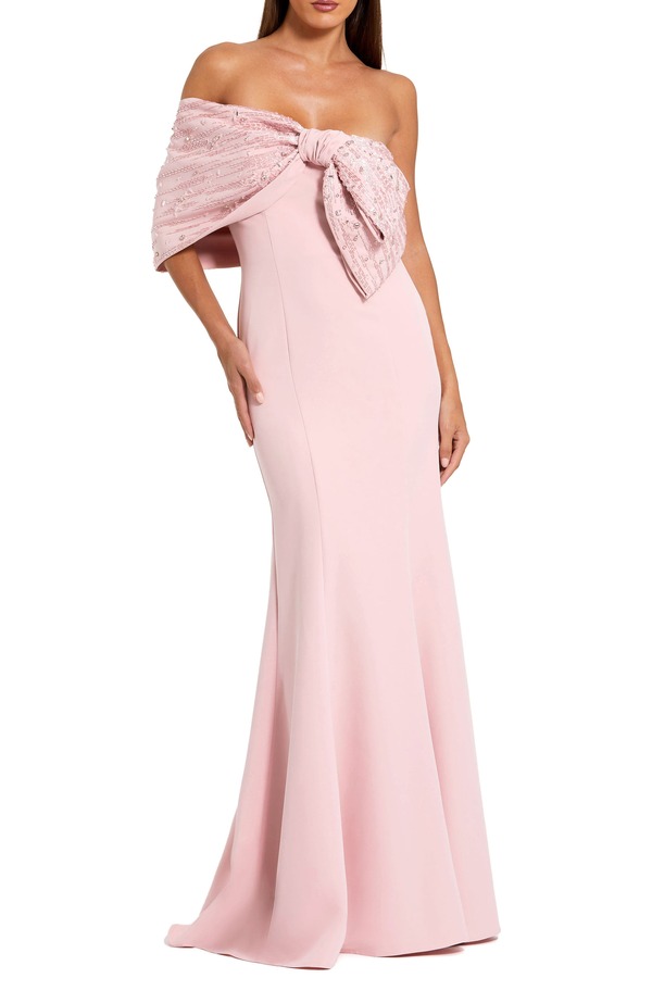 マックダガル レディース トップス ワンピース サテン Mac Duggal Women's Beaded Off-the-Shoulder Satin Trumpet Gown Blush ブラッシュ