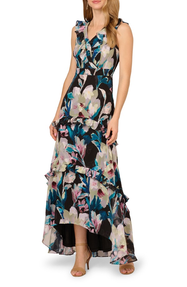 アドリアナ パペル レディース トップス ワンピース シフォン フラワー柄 フリル フラワー Adrianna Papell Floral Ruffle Chiffon Eveningown Black Multi ブラック｜ReVida 店