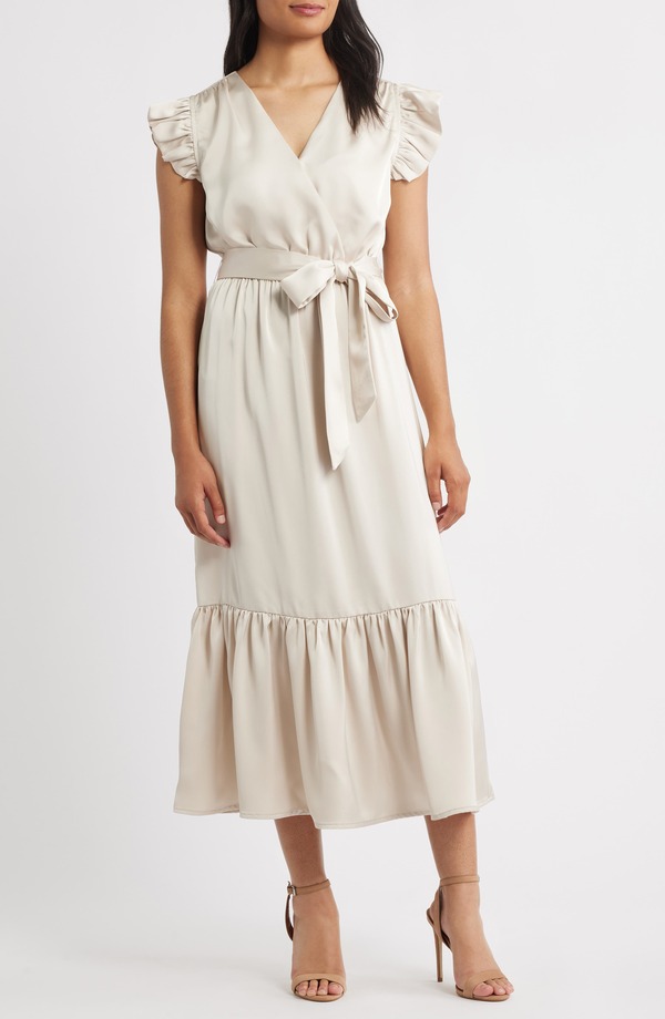 サムエデルマン レディース トップス 衣装 繻子 Sam Edelman Flutter Sleeve Satin Dress Champagne 三鞭酒