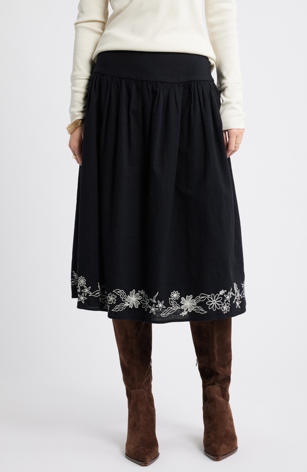 トレジャーアンドボンズ レディース ボトムスカート ミディ コットン 刺繍 Treasure & Bond Embroidered Hem Cotton Midi Skirt Black ブラック