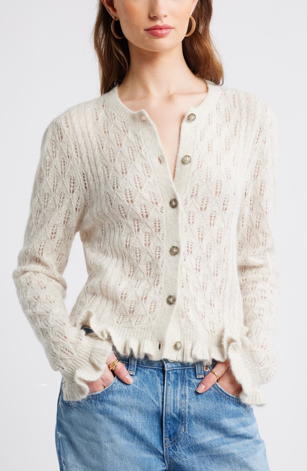 トレジャーアンドボンズ レディース アウター パーカー・スウェット フリル カーディガン Treasure & Bond Pointelle Ruffledge Cardigan Beige Oatmealight Heather ヘザー