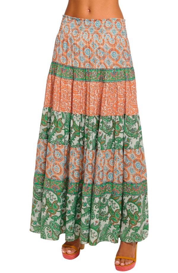 レイミー ブルック レディース ボトムスカート プリント マキシ Ramy Brook Dorotha Mixed Print Maxi Skirt Bright Palm Patchwork