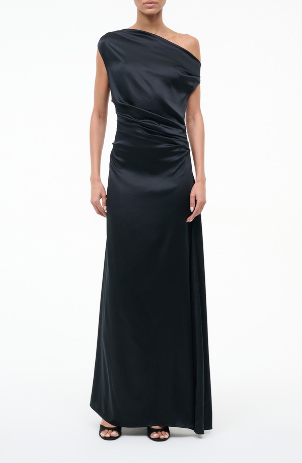 スタウド レディース トップス ワンピース ワンショルダー シルク STAUD Phare One-Shoulder Stretch Silk Gown Black ブラック｜ReVida 店