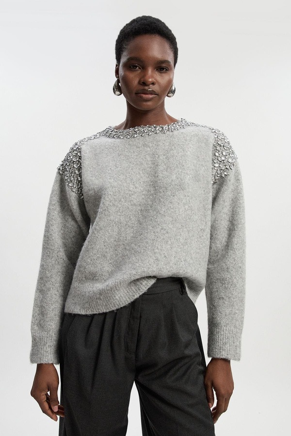 カレンミレン レディース アウター パーカー・スウェット 編み物 Karen Millen Embellished Trim Cosy Knit Jumper Grey 薄墨色