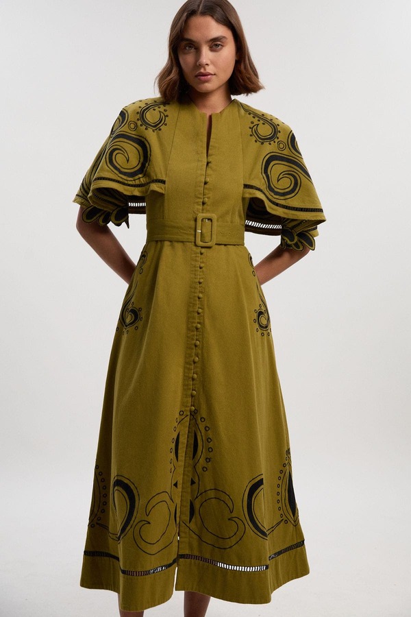 カレンミレン レディース トップス ワンピース ケープデザイン ミディ キャップ ケープ Karen Millen Baroque Cape Sleeve Midi Dress Khaki カーキ｜ReVida 店