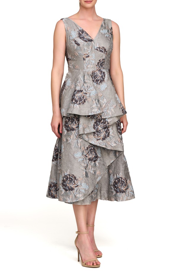 ケイ アンジャー レディース トップス ワンピース フラワー柄 フリル トール フラワー Kay Unger Elsie Metallic Floral Jacquard Ruffle Dress Grey グレー