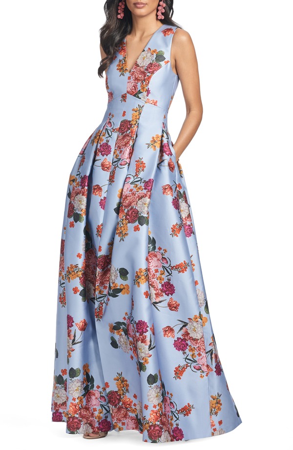 サーチンアンドバビ レディース トップス ワンピース フラワー柄 ノースリーブ フラワー Sachin & Babi Brooke Floral Sleeveless Mikado Gown Glacial Blue Bright Bouquet ブルー