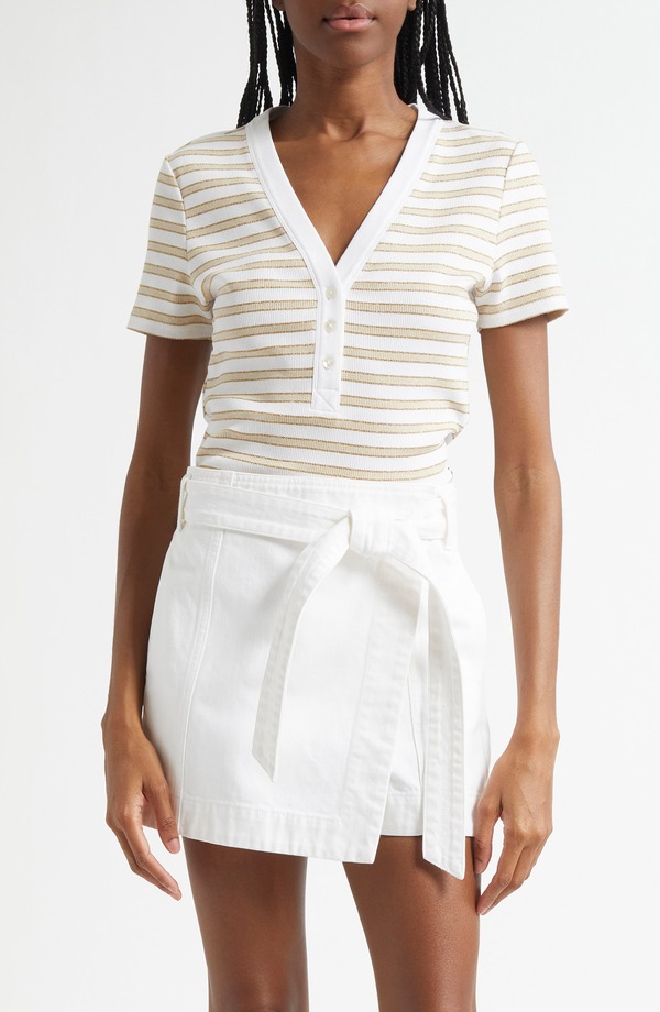ヴェロニカ ベアード レディース トップス シャツ コットン Veronica Beardekalb Stripe Stretch Cotton Henley Top Khaki White ホワイト｜ReVida 店