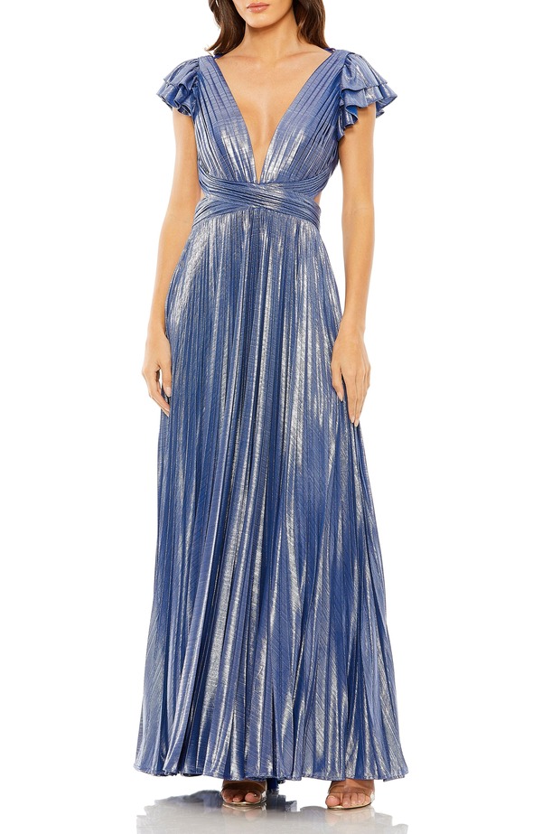 マックダガル レディース トップス ワンピース カットアウト プリーツ フリル トール Mac Duggal Pleated Metallic Gown with Ruffle Sleeves and Waist Cutout Blue ブルー