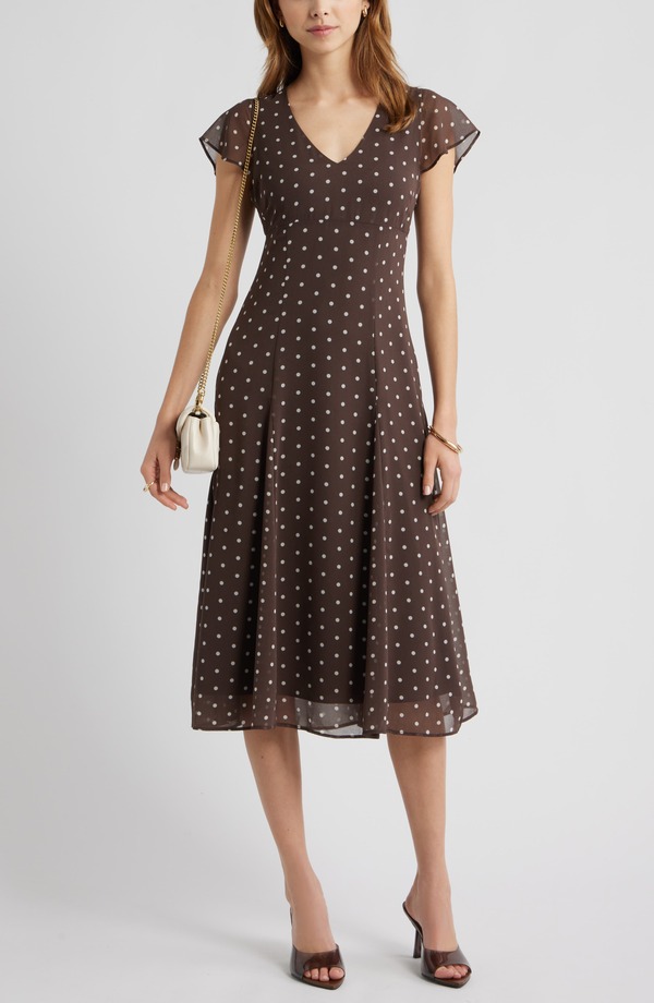 オープンエディット レディース トップス ワンピース Open Edit Short Sleeve Godet Pleat Dress Brown- Ivory Corner Dot アイボリー