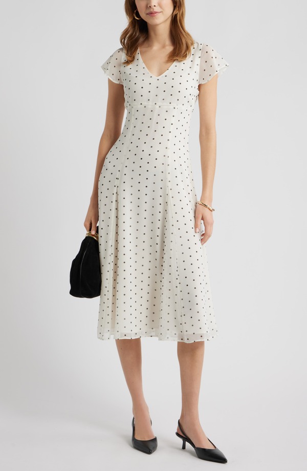 オープンエディット レディース トップス ワンピース Open Edit Short Sleeve Godet Pleat Dress Ivory- Black Corner Dot アイボリー