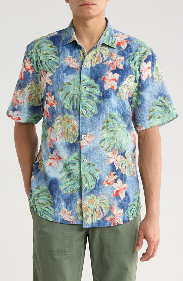 トッミーバハマ メンズ トップス シャツ フラワー柄 コットン フラワー Tommy Bahama Nova Wave Floral Short Sleeve Cotton Blend Seersucker Button-Up Shirt Bering Blue ブルー|ReVida 店