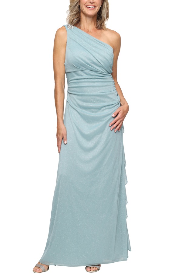 アレックスイブニングス レディース トップス ワンピース メッシュ ワンショルダー Alex Evenings One-Shoulder Glitter Mesh Gown Ice Sage セージ