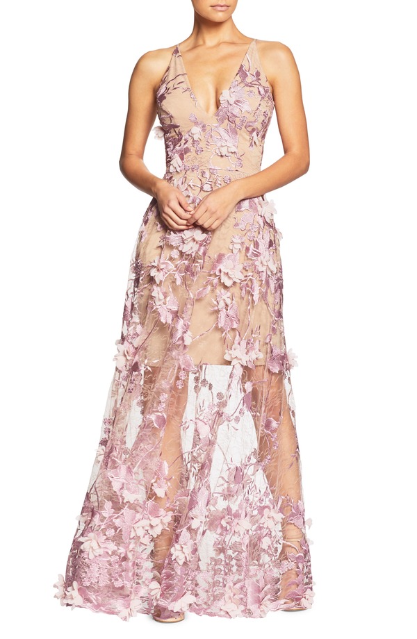 ドレスザポプレーション レディース トップス ワンピース Vネック レース Dress the Population Sidney Deep V-Neck 3D Lace Gown Lilac/ Nude ライラック