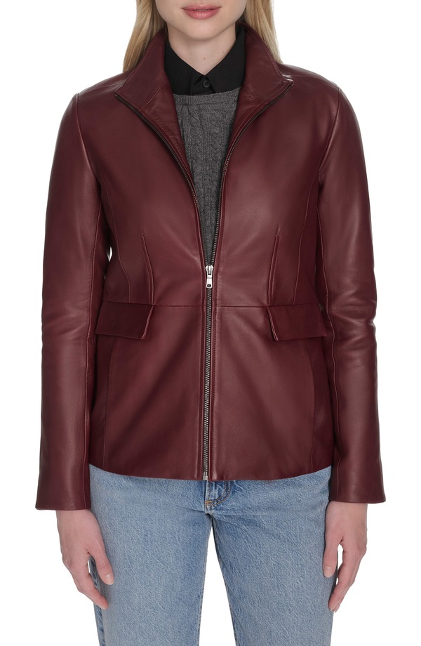 コールハーン レディース アウター ジャケット・ブルゾン レザー Cole Haan Wing Collar Leather Jacket Burgundy バーガンディ